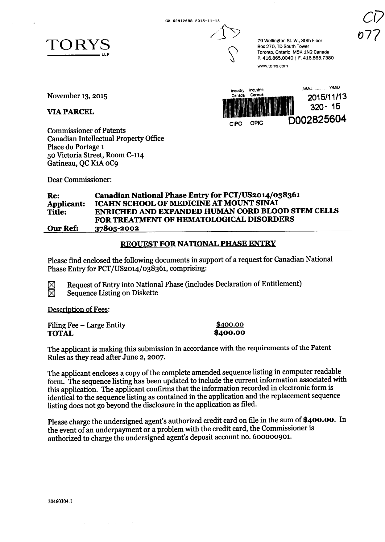 Document de brevet canadien 2912688. Demande d'entrée en phase nationale 20151113. Image 1 de 3