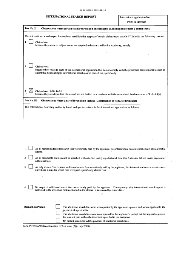 Document de brevet canadien 2912688. Rapport de recherche internationale 20151113. Image 2 de 2