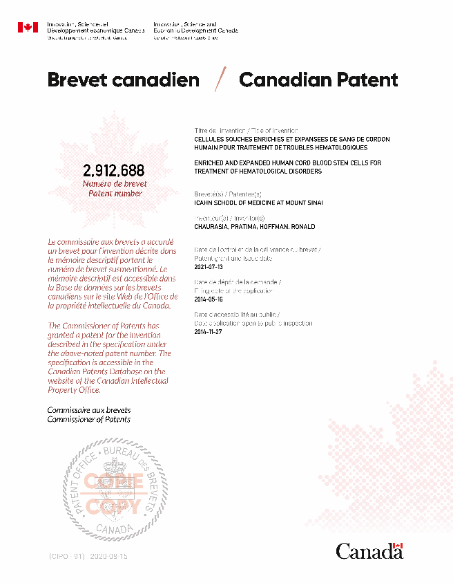 Canadian Patent Document 2912688. Electronic Grant Certificate 20210713. Image 1 of 1