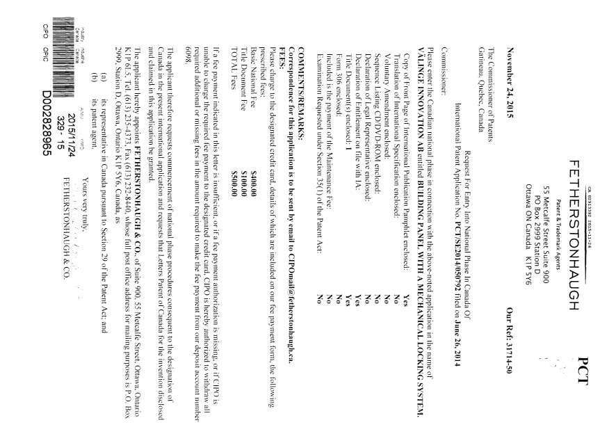 Document de brevet canadien 2913392. Demande d'entrée en phase nationale 20151124. Image 1 de 3