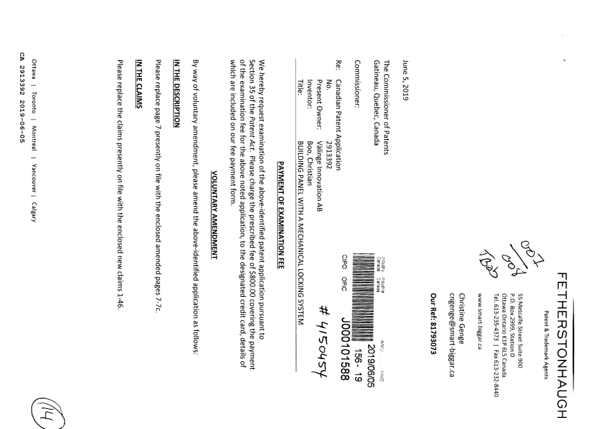Document de brevet canadien 2913392. Modification 20190605. Image 1 de 14