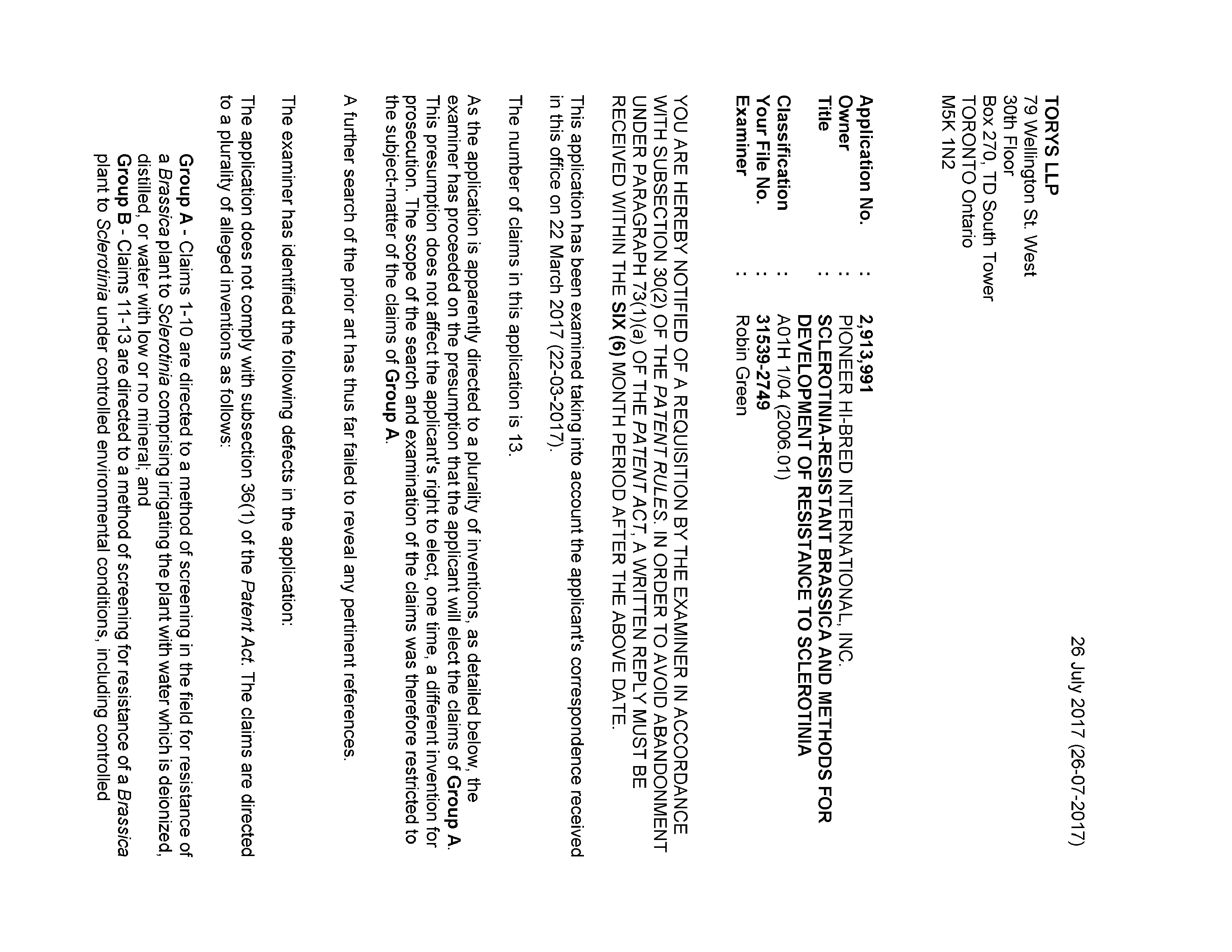 Canadian Patent Document 2913991. Examiner Requisition 20170726. Image 1 of 4