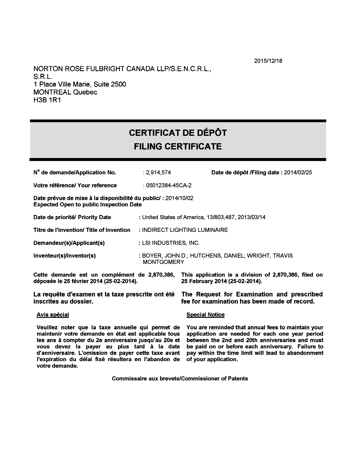 Document de brevet canadien 2914574. Complémentaire - Certificat de dépôt 20151218. Image 1 de 1