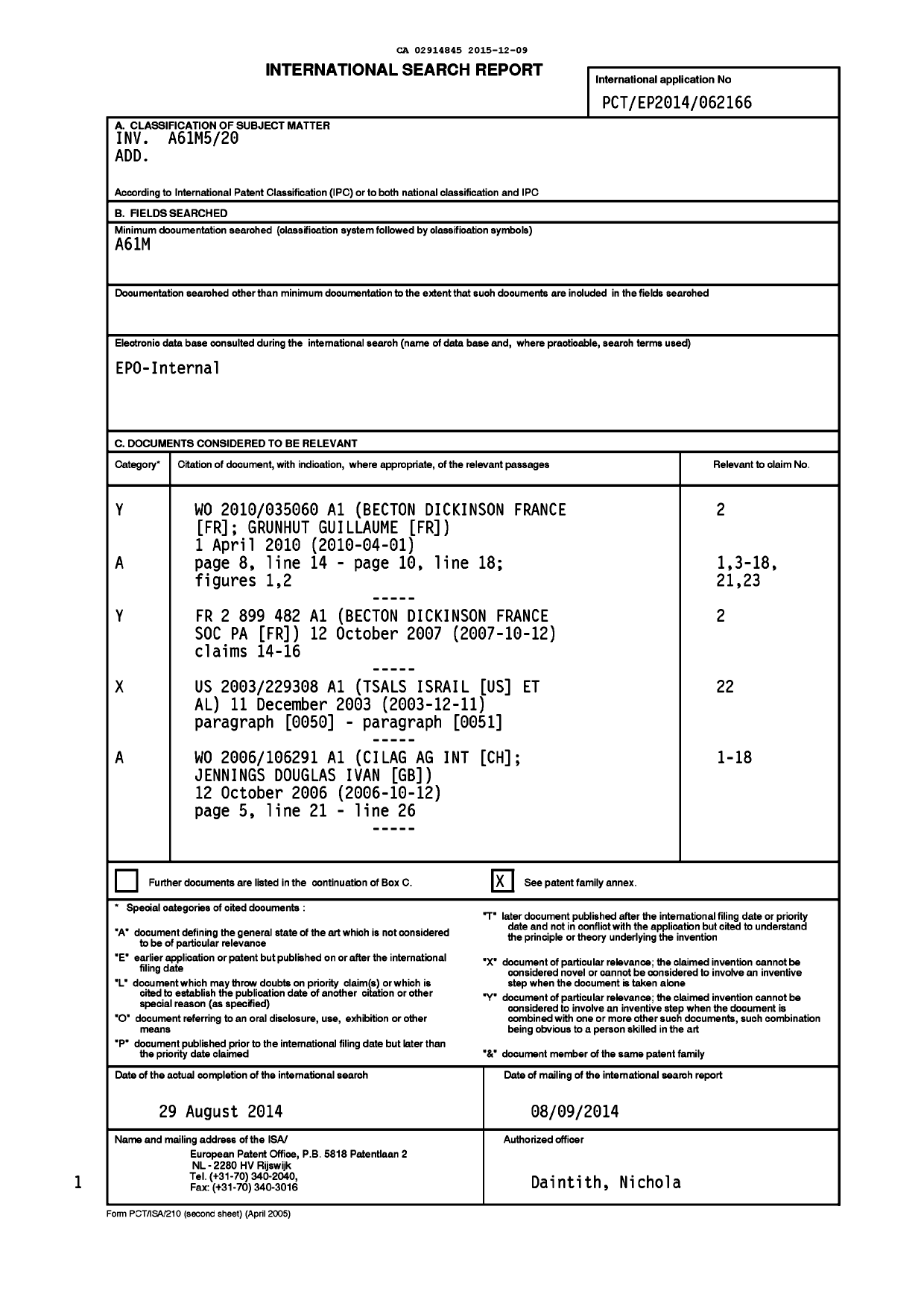 Canadian Patent Document 2914845. International Search Report 20151209. Image 2 of 4