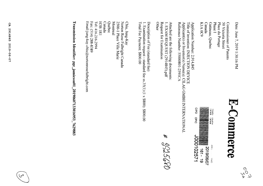 Document de brevet canadien 2914845. Requête d'examen 20190607. Image 1 de 3