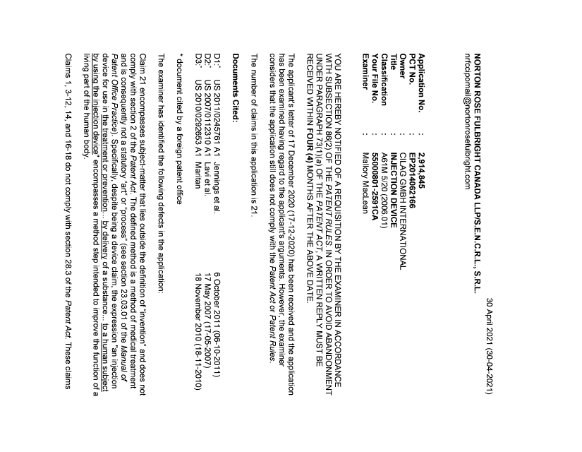 Document de brevet canadien 2914845. Demande d'examen 20210430. Image 1 de 6