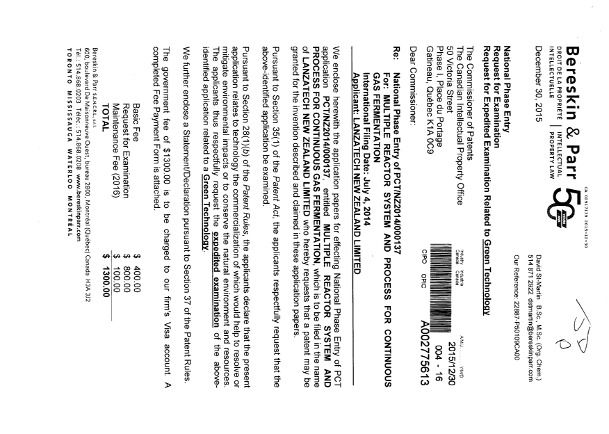 Canadian Patent Document 2917139. National Entry Request 20151230. Image 1 of 5