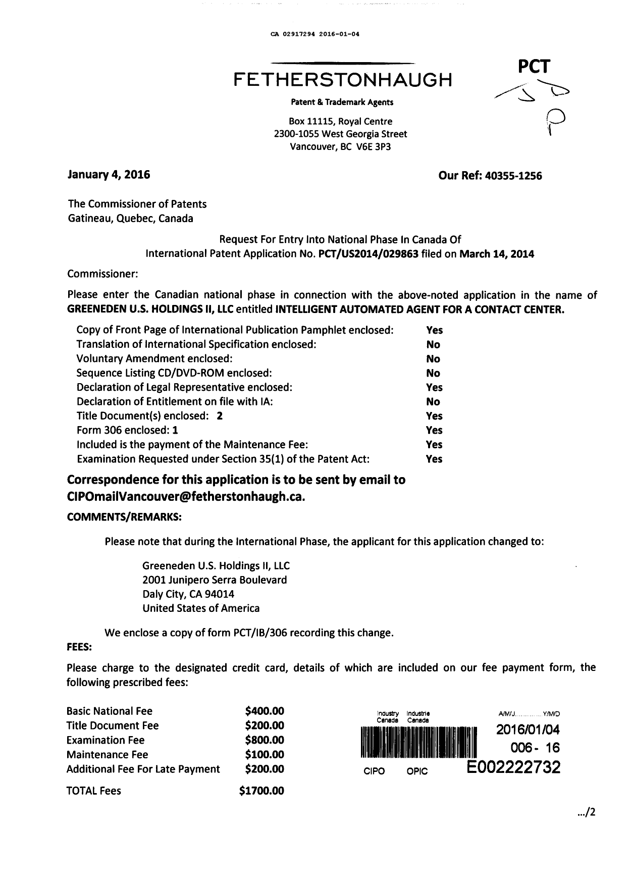 Document de brevet canadien 2917294. Demande d'entrée en phase nationale 20160104. Image 1 de 10