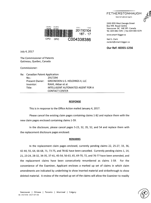 Canadian Patent Document 2917294. Amendment 20170704. Image 1 of 80