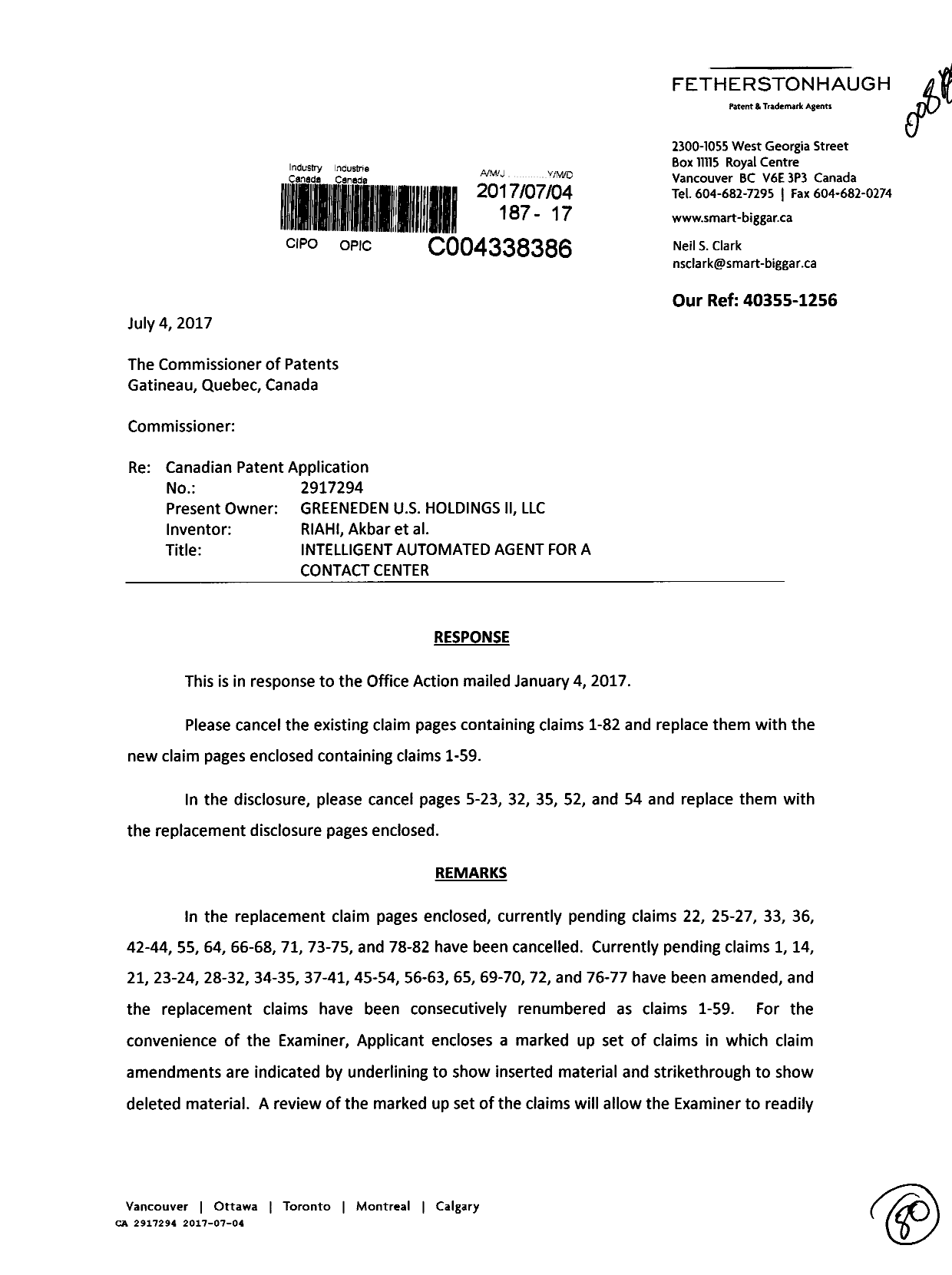 Document de brevet canadien 2917294. Modification 20170704. Image 1 de 80