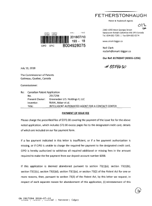 Document de brevet canadien 2917294. Taxe finale 20180710. Image 1 de 2