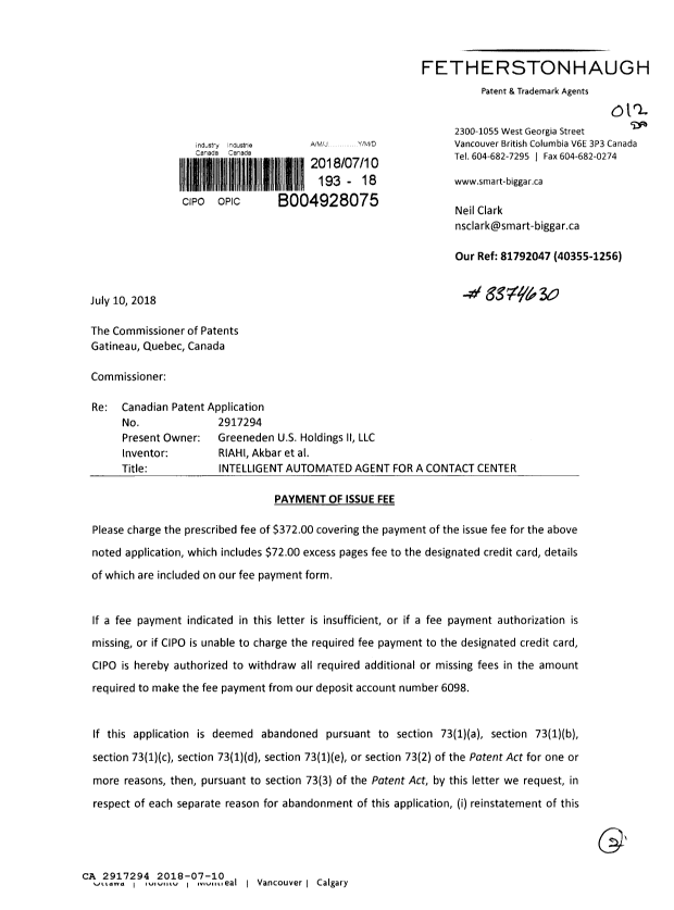Canadian Patent Document 2917294. Final Fee 20180710. Image 1 of 2