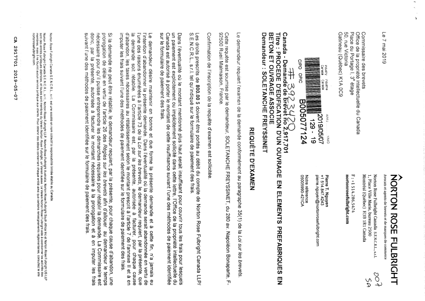 Document de brevet canadien 2917701. Requête d'examen 20190507. Image 1 de 2