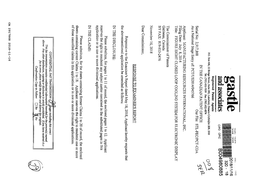 Document de brevet canadien 2917868. Modification 20181116. Image 1 de 29
