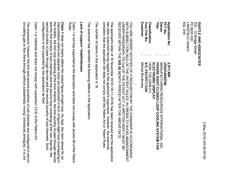 Document de brevet canadien 2917868. Demande d'examen 20190503. Image 1 de 3