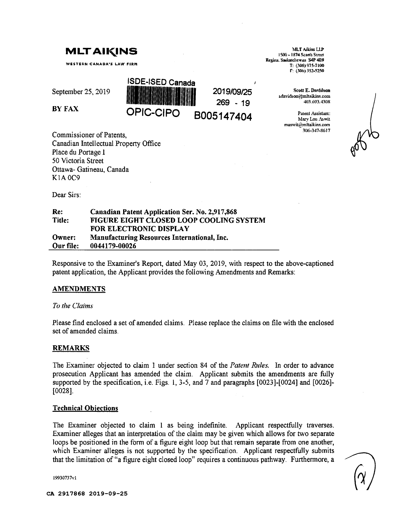 Document de brevet canadien 2917868. Modification 20190925. Image 1 de 7