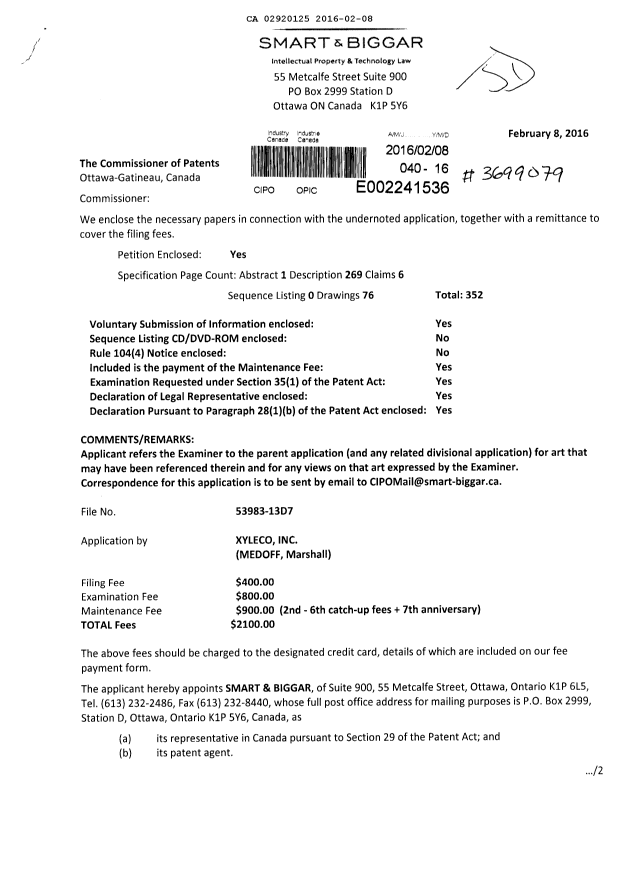 Document de brevet canadien 2920125. Poursuite-Amendment 20151208. Image 1 de 4