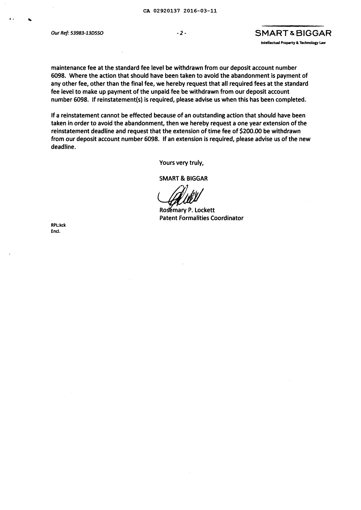 Document de brevet canadien 2920137. Correspondance 20151211. Image 2 de 3