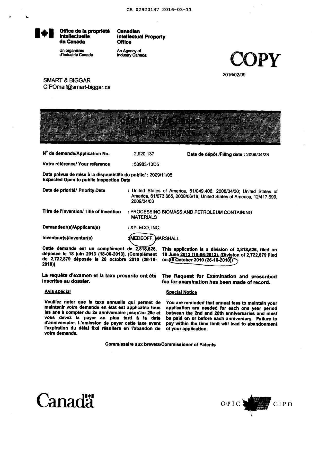 Document de brevet canadien 2920137. Correspondance 20151211. Image 3 de 3