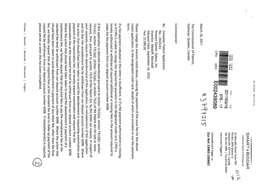 Canadian Patent Document 2920141. Correspondence 20161216. Image 1 of 2