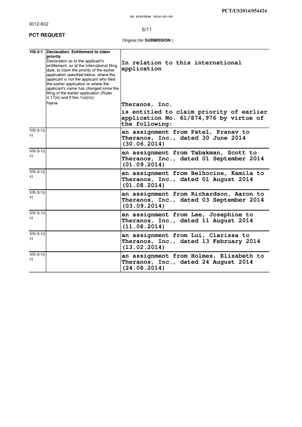 Canadian Patent Document 2920896. Declaration 20160209. Image 1 of 5