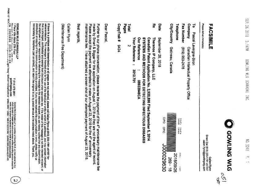 Document de brevet canadien 2920896. Correspondance taxe de maintien 20180926. Image 1 de 2