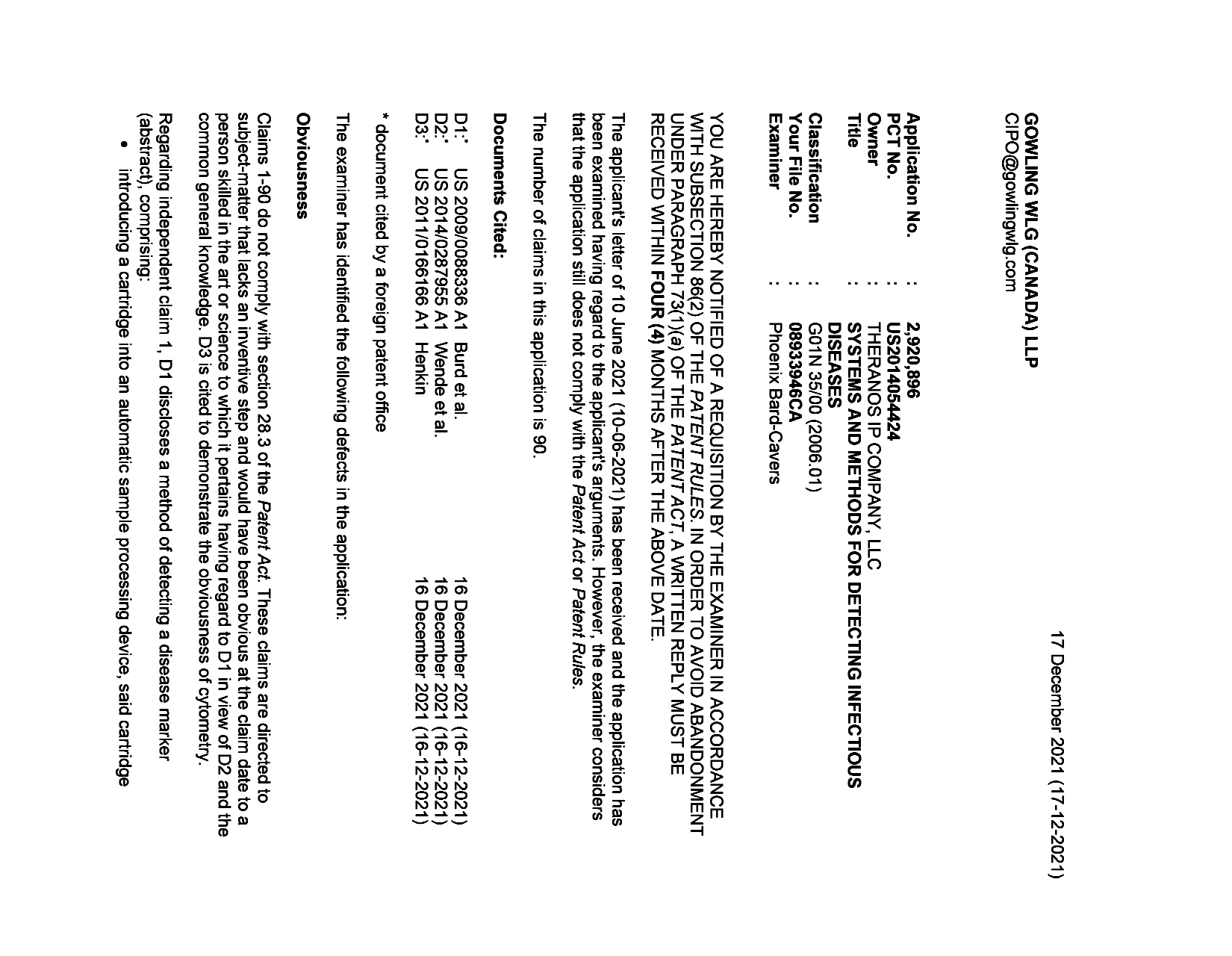 Document de brevet canadien 2920896. Demande d'examen 20211217. Image 1 de 7