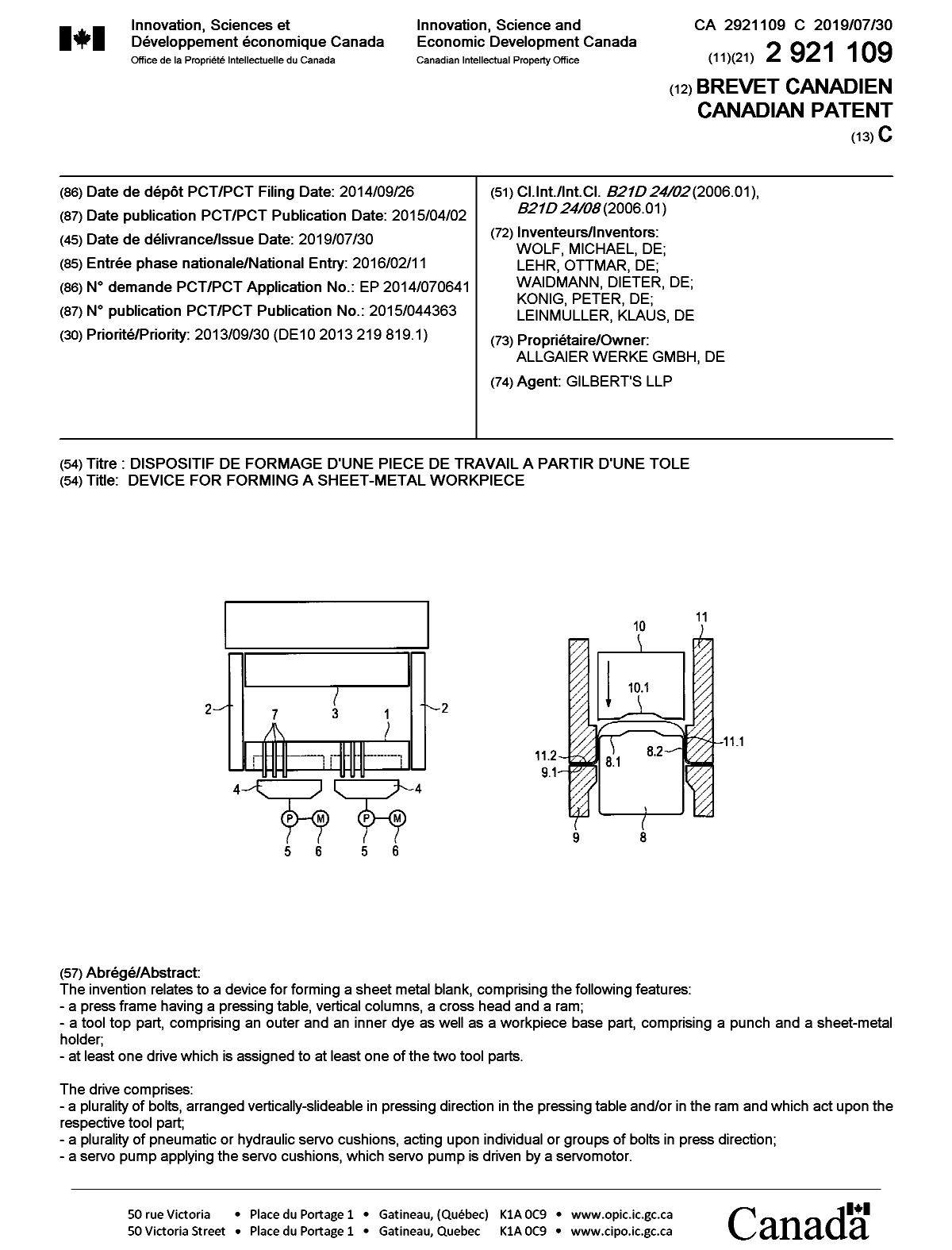 Document de brevet canadien 2921109. Page couverture 20190703. Image 1 de 1