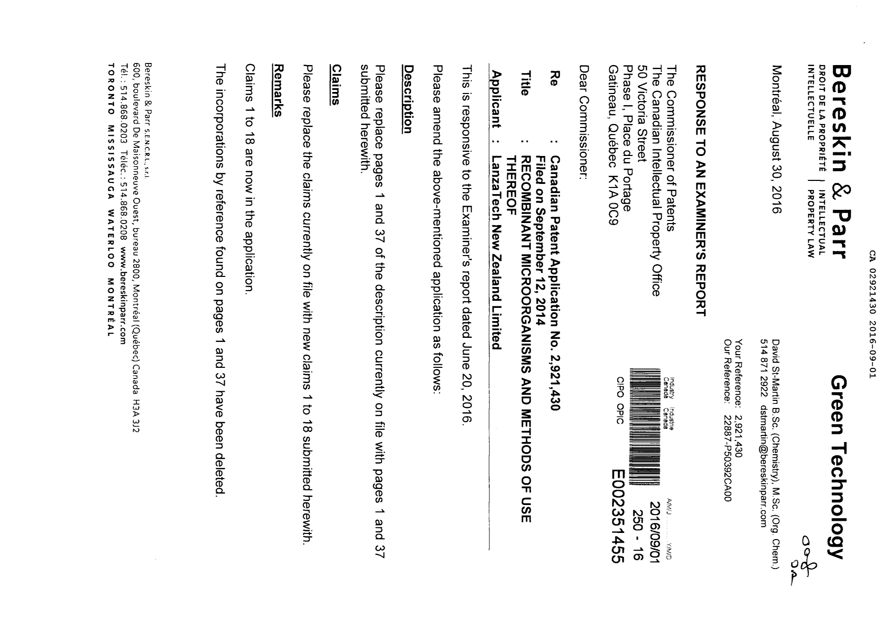 Canadian Patent Document 2921430. Prosecution-Amendment 20151201. Image 1 of 12