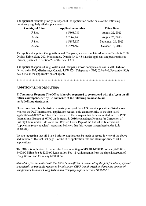 Document de brevet canadien 2921750. Demande d'entrée en phase nationale 20160218. Image 2 de 11