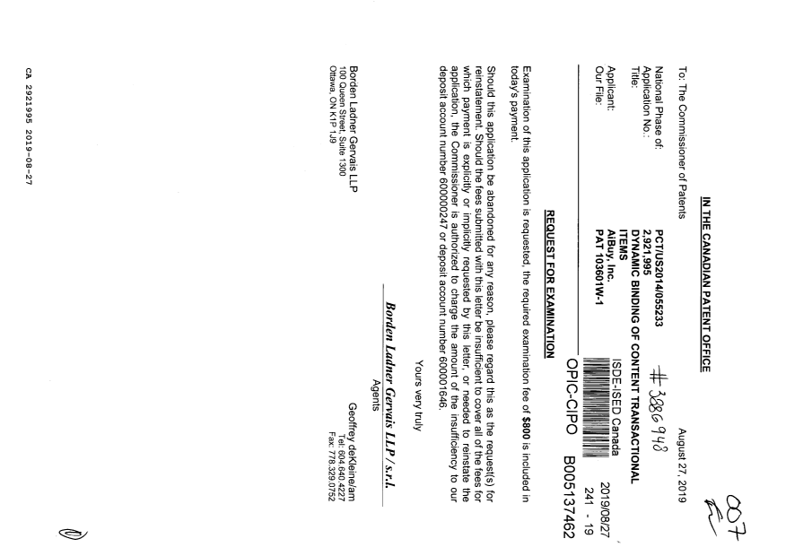 Document de brevet canadien 2921995. Requête d'examen 20190827. Image 1 de 1