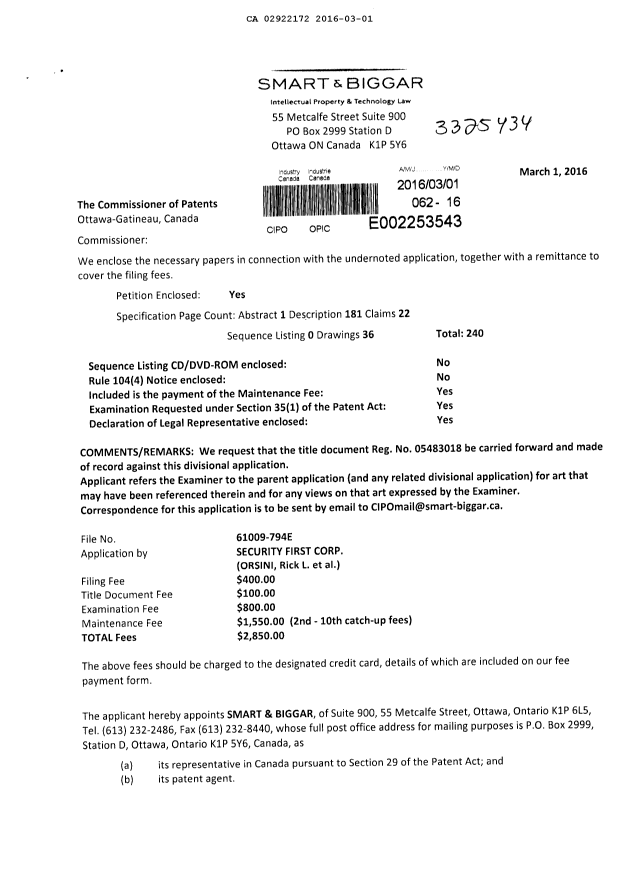 Document de brevet canadien 2922172. Nouvelle demande 20160301. Image 1 de 4
