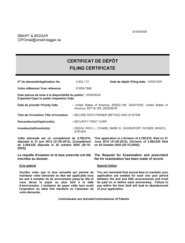 Document de brevet canadien 2922172. Complémentaire - Certificat de dépôt 20160309. Image 1 de 1