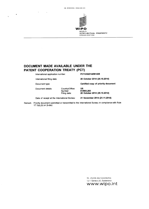 Document de brevet canadien 2922261. Traité de coopération en matière de brevets (PCT) 20160223. Image 1 de 5