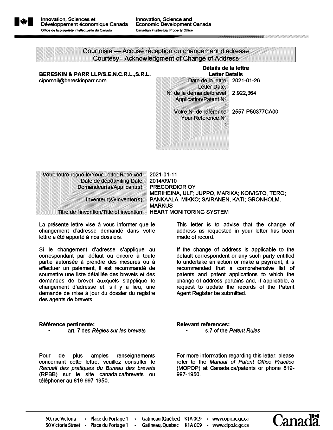 Document de brevet canadien 2922364. Lettre du bureau 20210126. Image 1 de 2