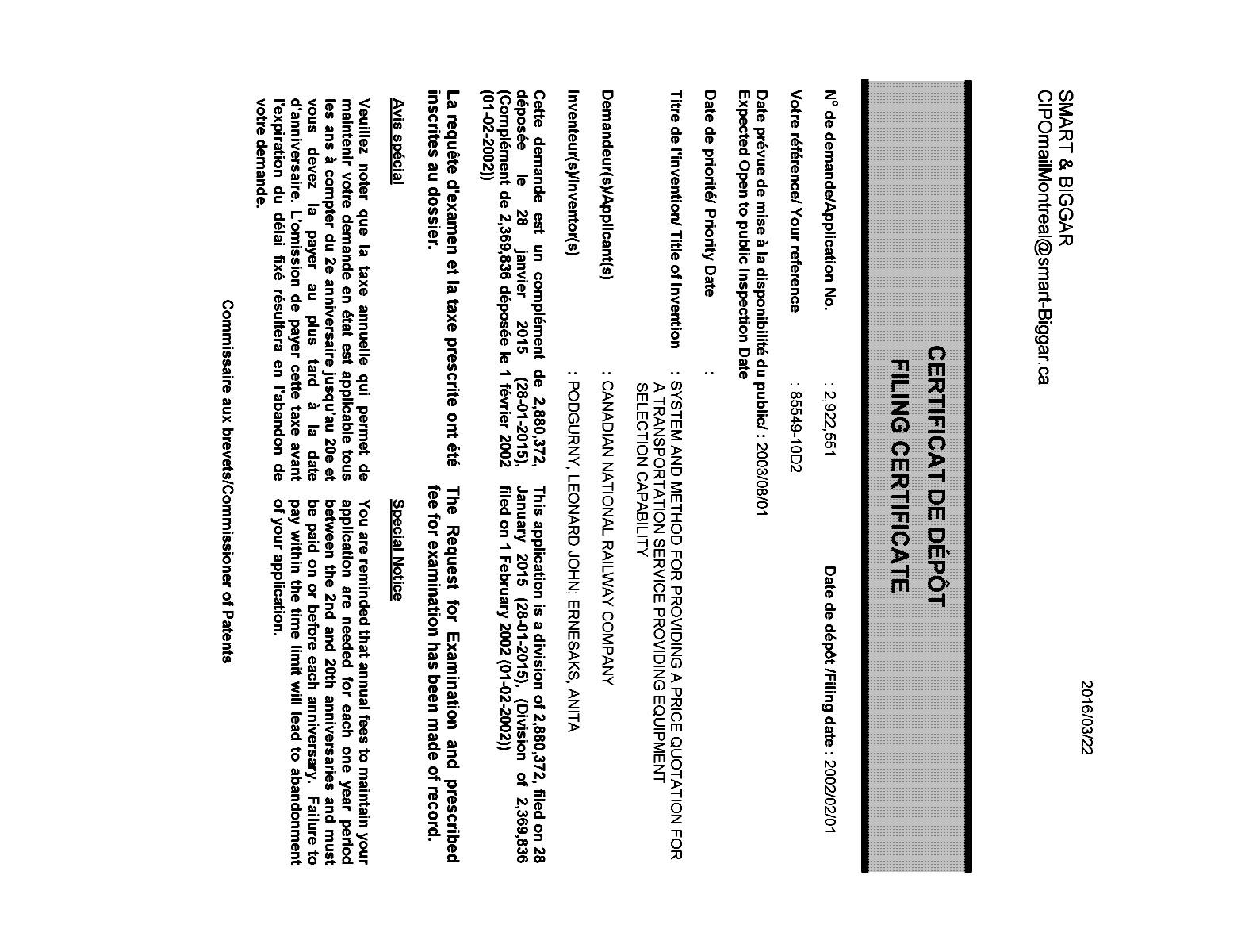 Document de brevet canadien 2922551. Correspondance 20151222. Image 1 de 1