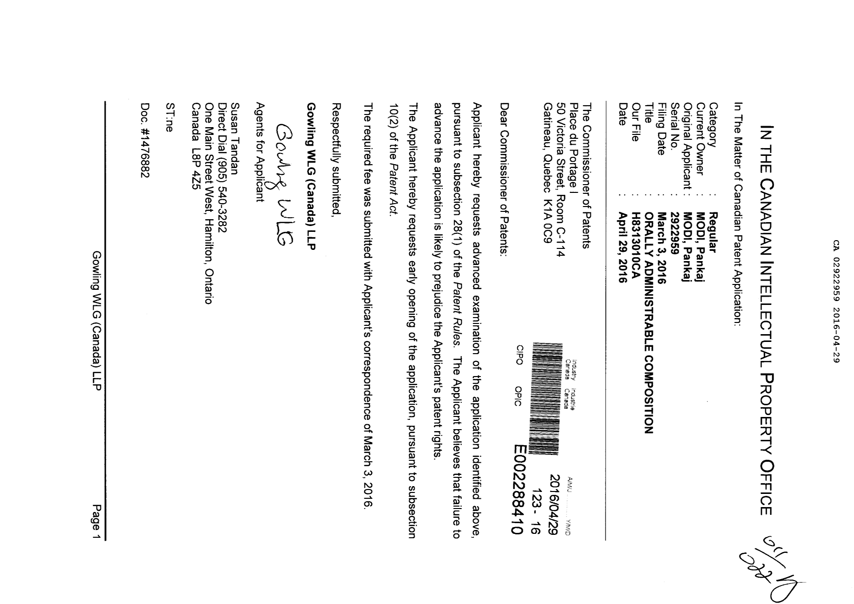 Canadian Patent Document 2922959. Correspondence 20160429. Image 1 of 1