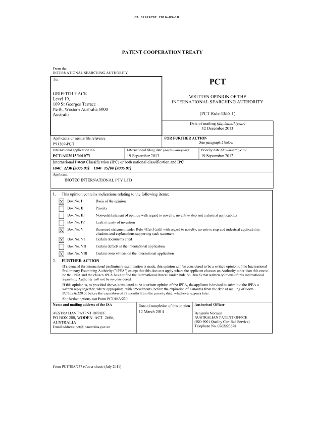 Document de brevet canadien 2924702. Rapport de recherche internationale 20151218. Image 2 de 11