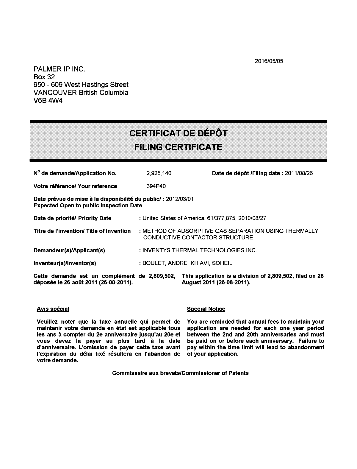 Document de brevet canadien 2925140. Correspondance 20160505. Image 1 de 1