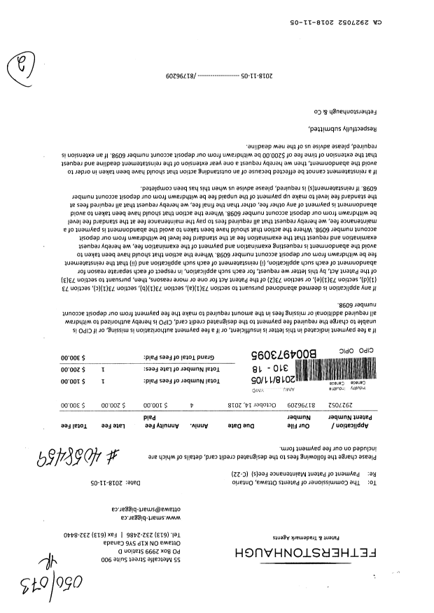 Canadian Patent Document 2927052. Maintenance Fee Payment 20181105. Image 1 of 2