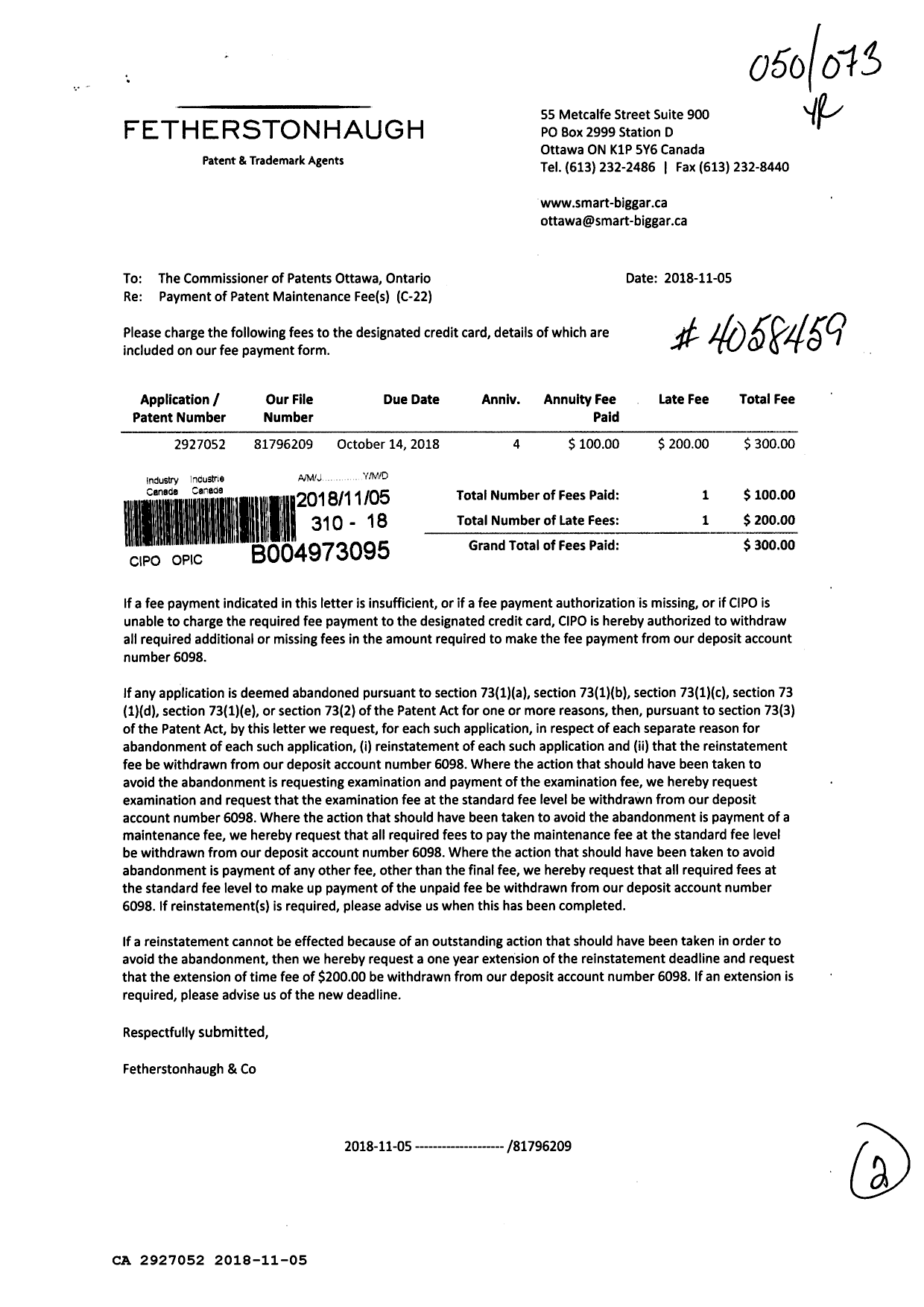 Document de brevet canadien 2927052. Paiement de taxe périodique 20181105. Image 1 de 2