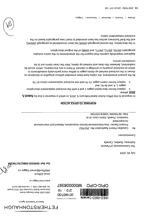Canadian Patent Document 2927052. Amendment 20190730. Image 1 of 29