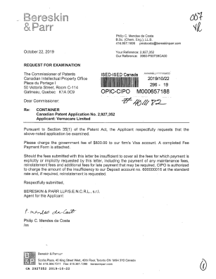 Document de brevet canadien 2927352. Requête d'examen 20191022. Image 1 de 1