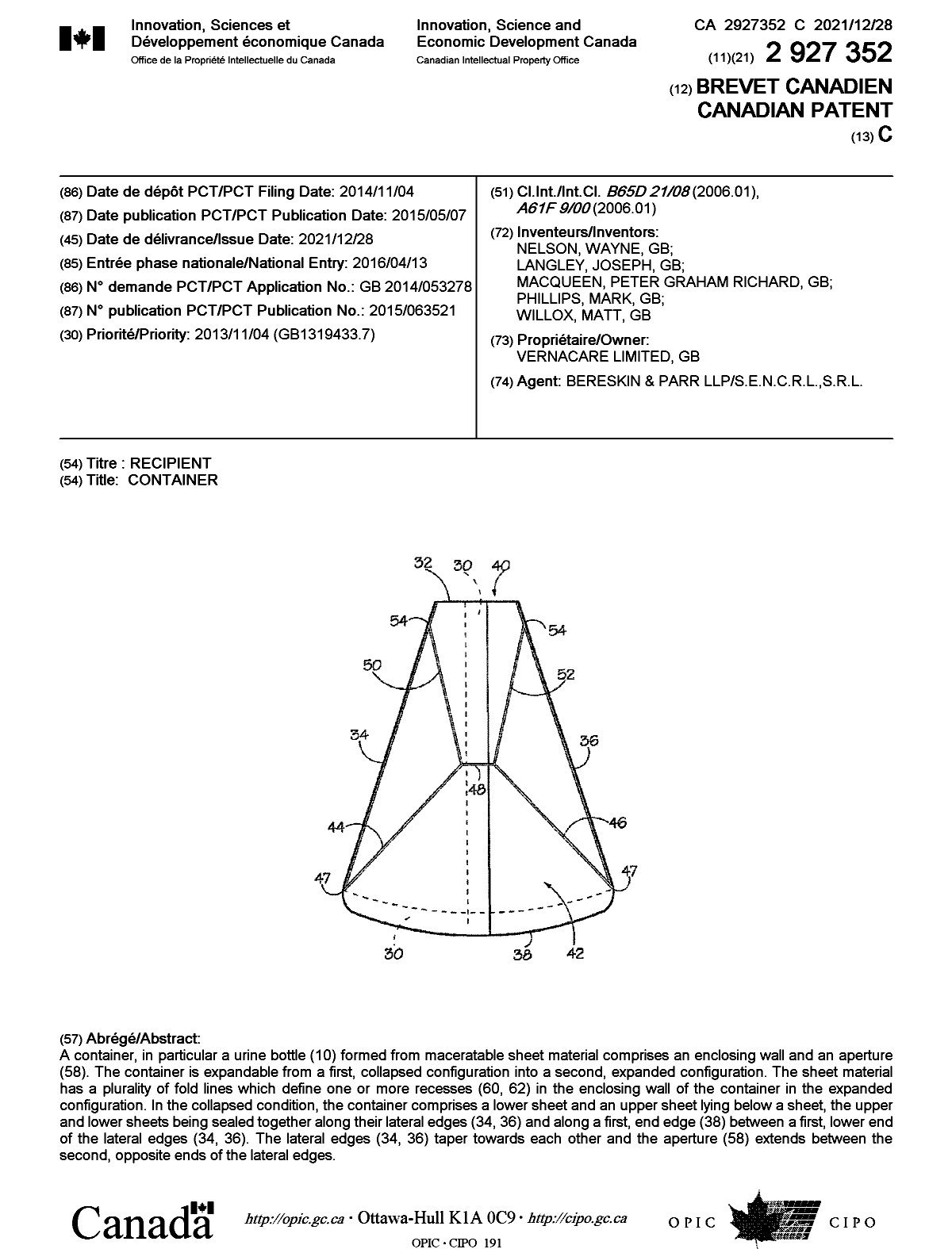 Document de brevet canadien 2927352. Page couverture 20211126. Image 1 de 1