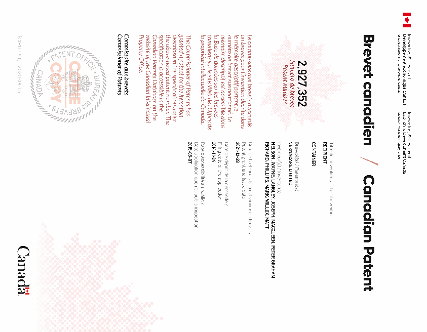 Document de brevet canadien 2927352. Certificat électronique d'octroi 20211228. Image 1 de 1