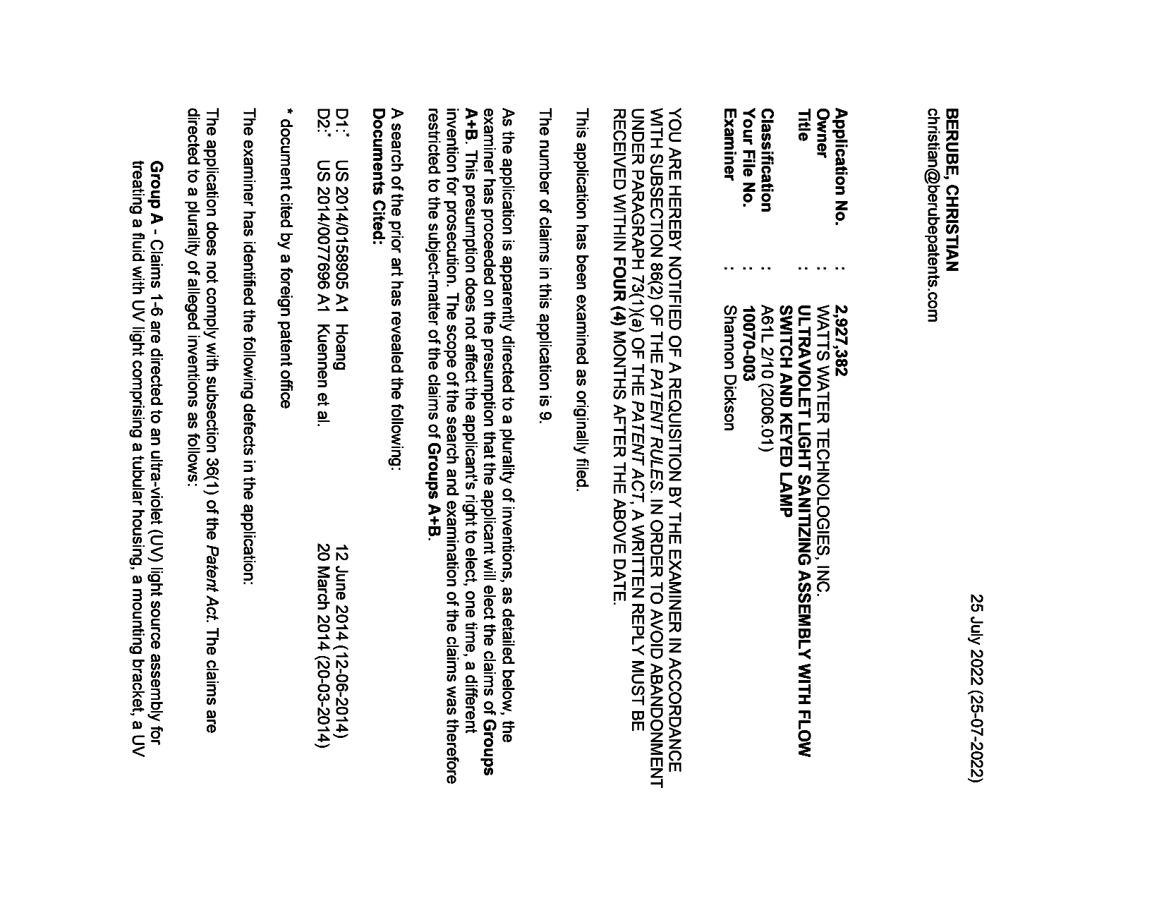 Document de brevet canadien 2927382. Demande d'examen 20220725. Image 1 de 5