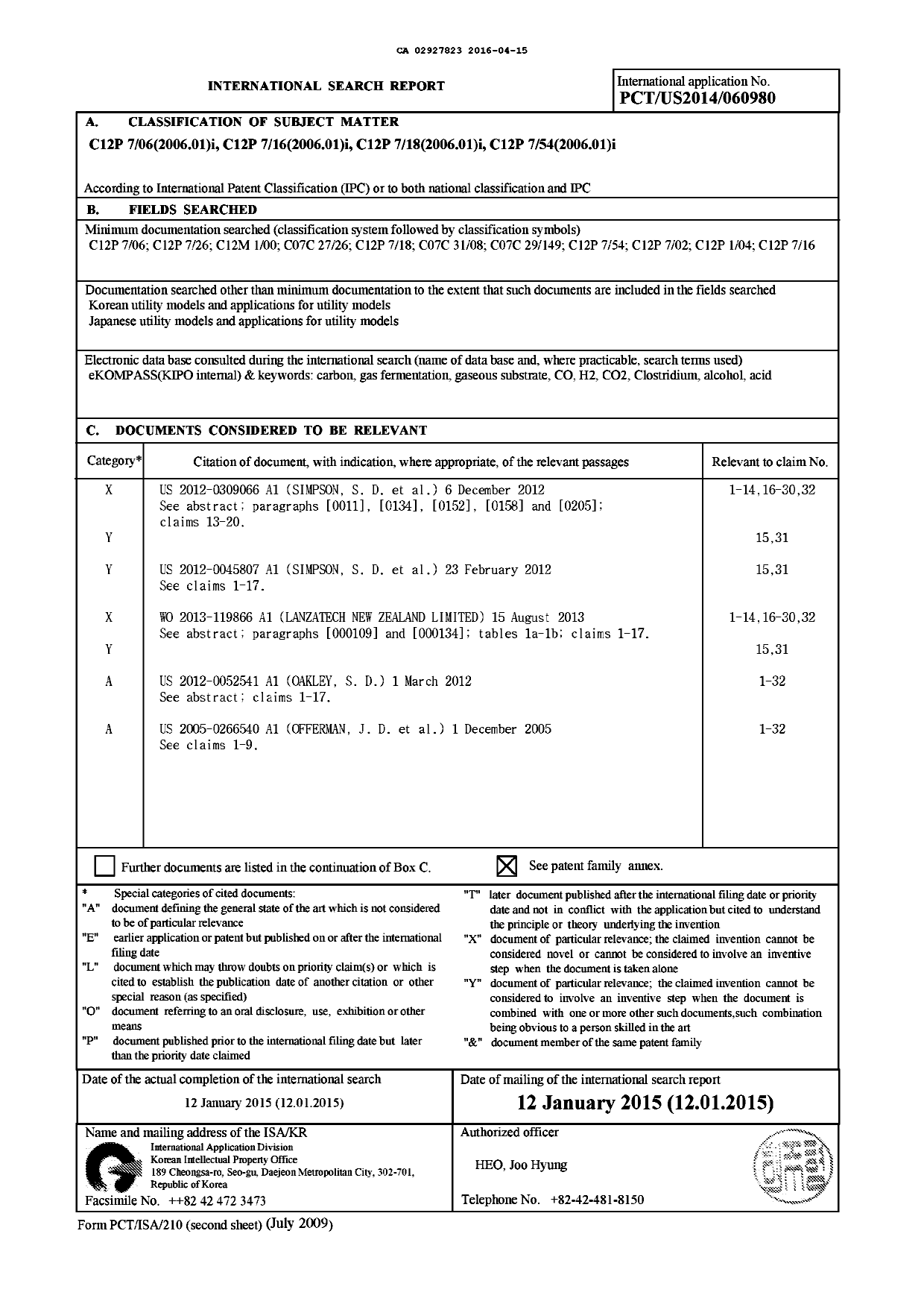Document de brevet canadien 2927823. PCT 20151215. Image 1 de 3