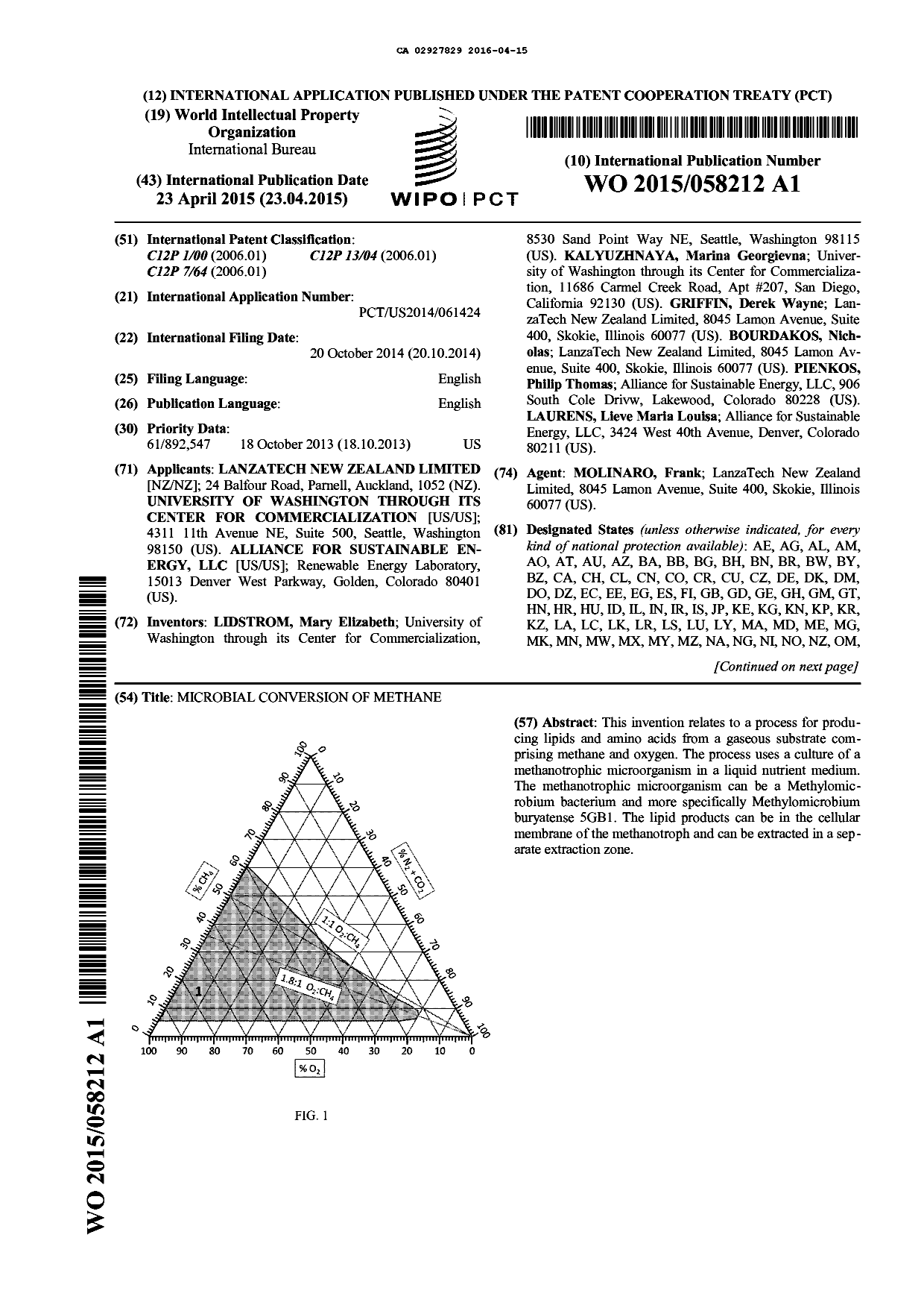 Document de brevet canadien 2927829. Abrégé 20151215. Image 1 de 2