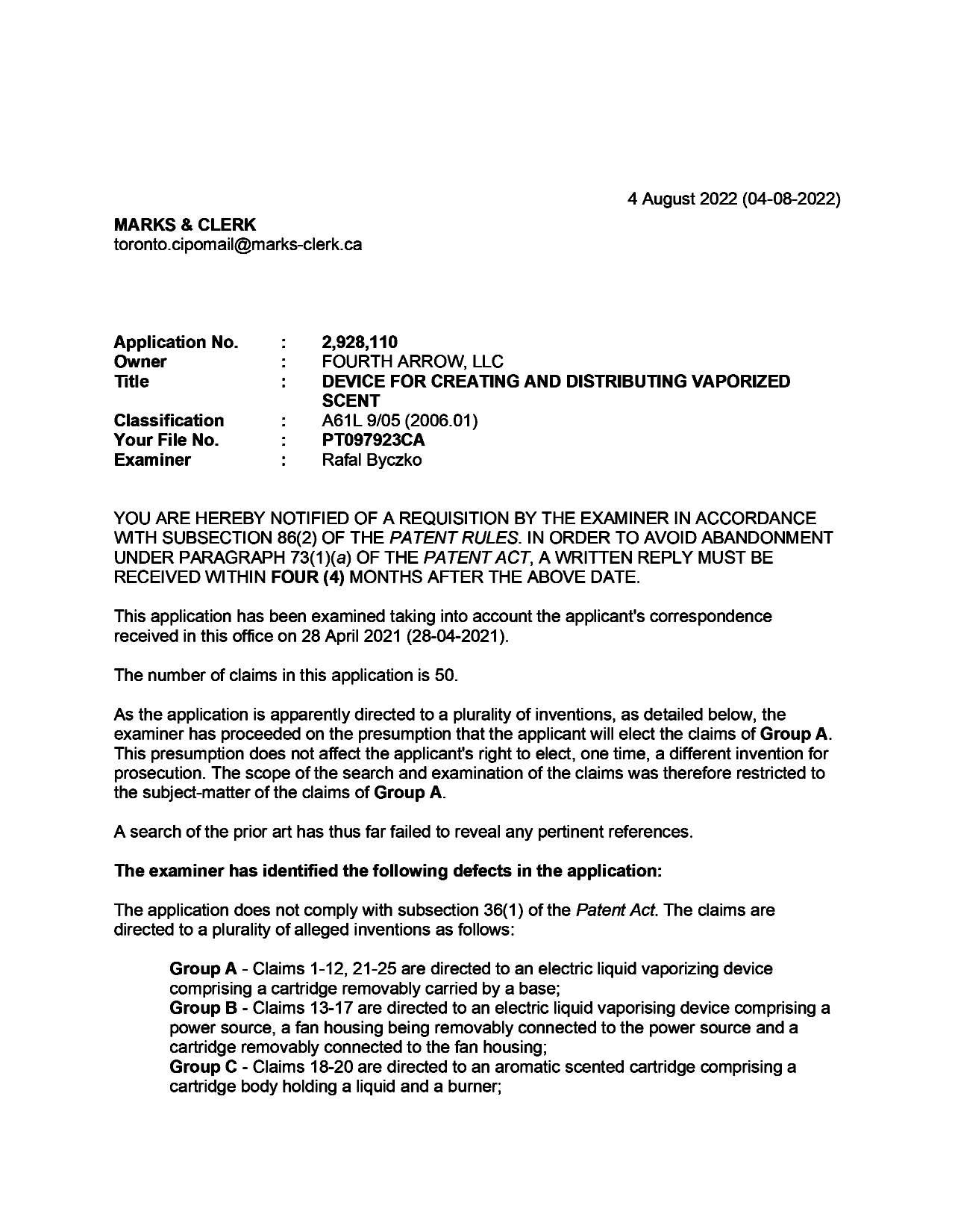 Document de brevet canadien 2928110. Demande d'examen 20220804. Image 1 de 4