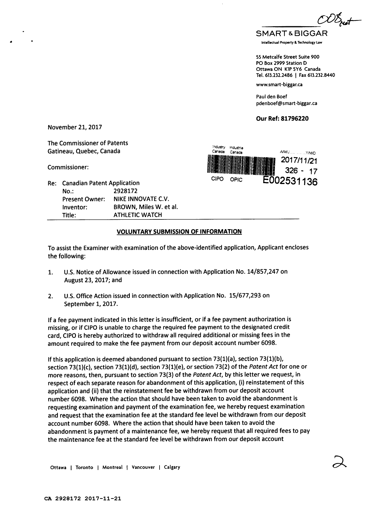 Document de brevet canadien 2928172. Modification 20171121. Image 1 de 2